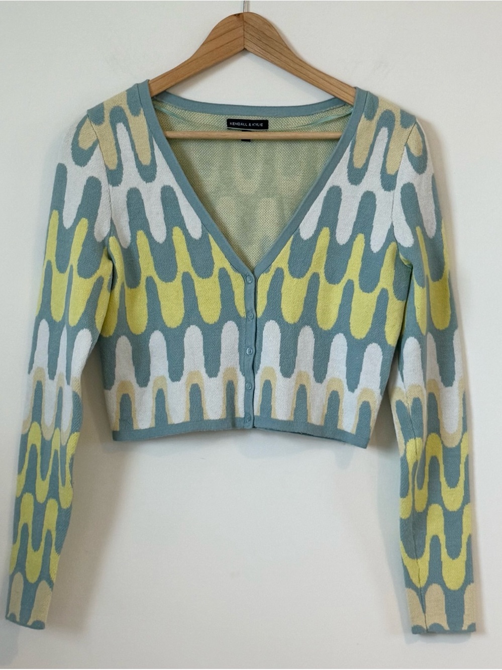Kendall & Kylie Retro Y2K Wave Cropped Cardigan in Sage, Yellow & White